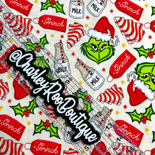 9x14 Tumbler Cut, Custom Fabric, CottonSpandex, High Quality, Mask Cut, Tumbler Fabric, Grinch Milk & Cookies