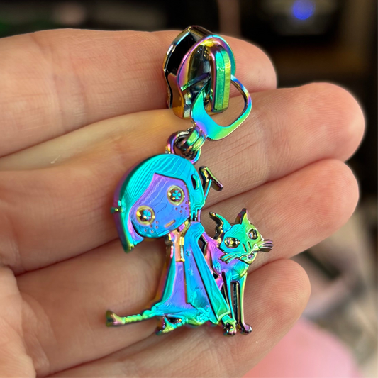 Zipper Pull, Coraline, Button Girl and Cat, Rainbow