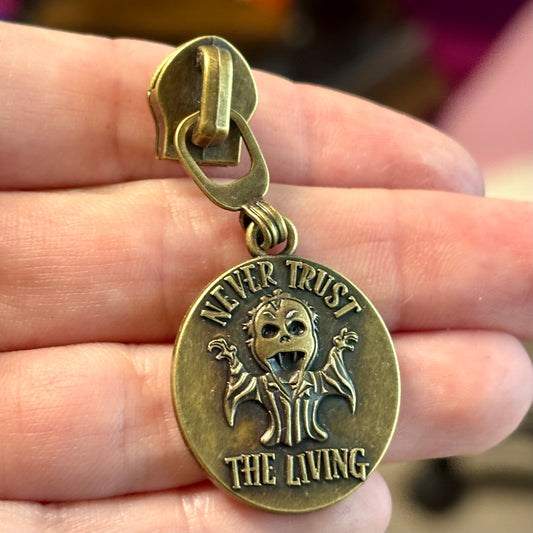 Zipper Pull, Beetle Guy, Never Trust the Living, Antique Brass