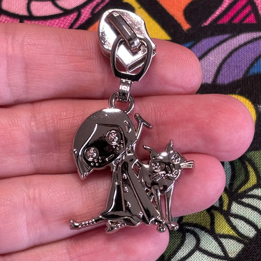 Zipper Pull, Coraline, Button Girl and Cat, Silver