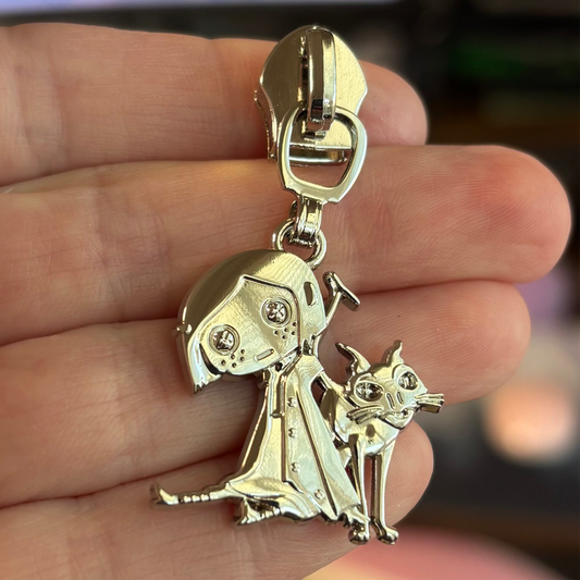 Zipper Pull, Coraline, Button Girl and Cat, Silver
