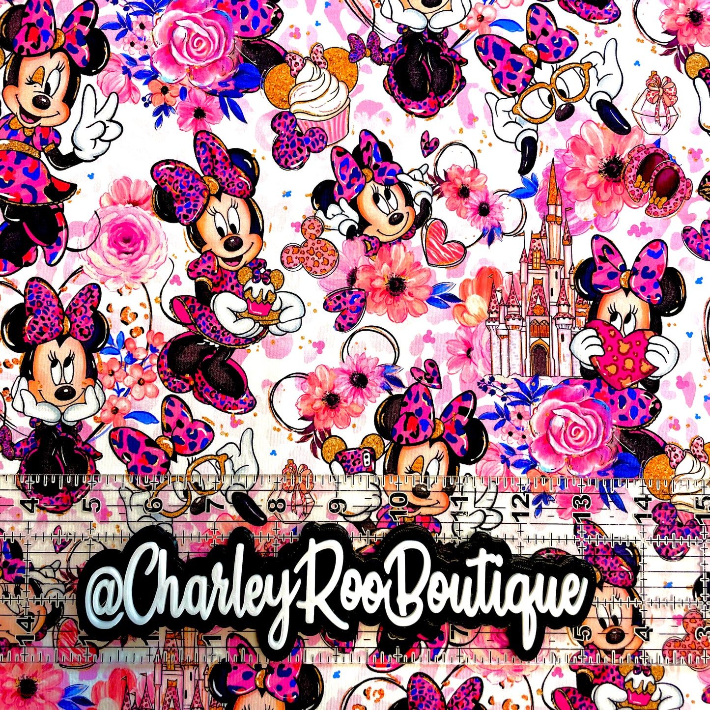 9x14 Tumbler Cut, Custom Fabric, CottonSpandex, High Quality, Mask Cut, Tumbler Fabric, Minnie, Leopard Lady, White