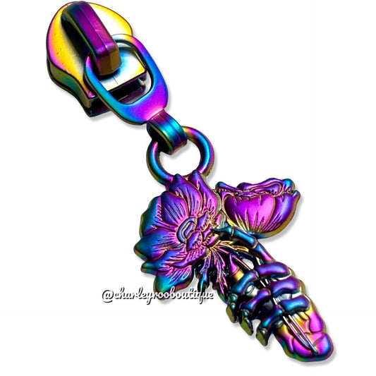 Zipper Pull, Persephone’s Poppies, Skeleton Hand with Flowers, Matte Rainbow