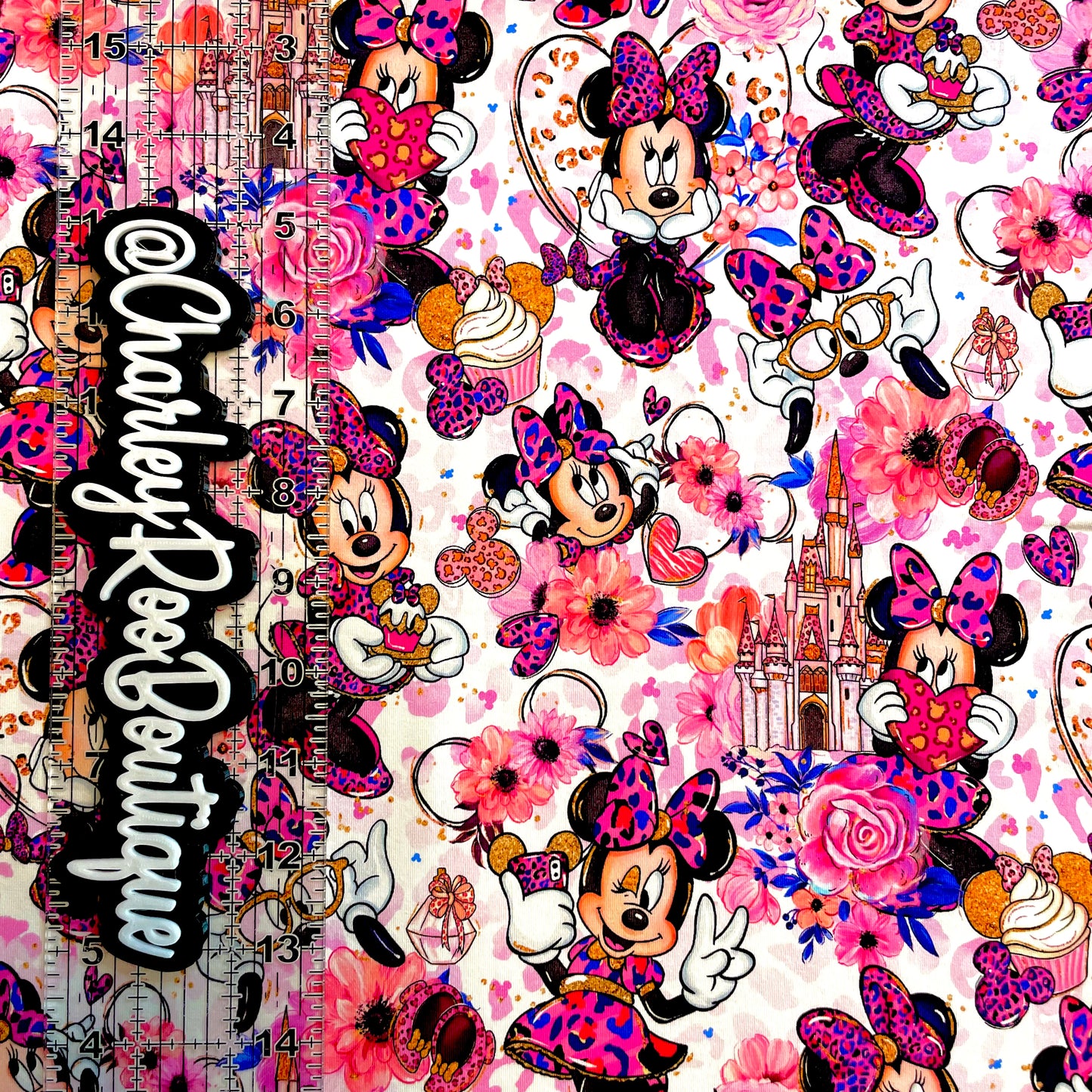 9x14 Tumbler Cut, Custom Fabric, CottonSpandex, High Quality, Mask Cut, Tumbler Fabric, Minnie, Leopard Lady, White