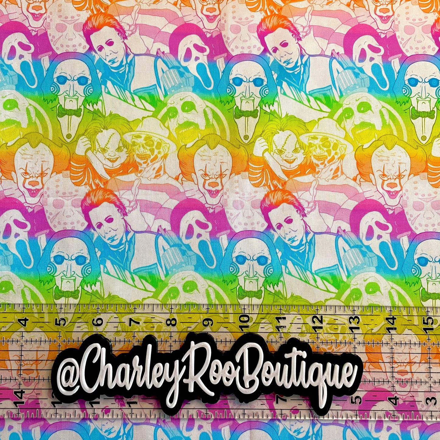 9x14 Tumbler Cut, Custom Fabric, CW Cotton Woven, High Quality, Mask Cut, Tumbler Fabric, Neon Ombre Rainbow Horror Faces