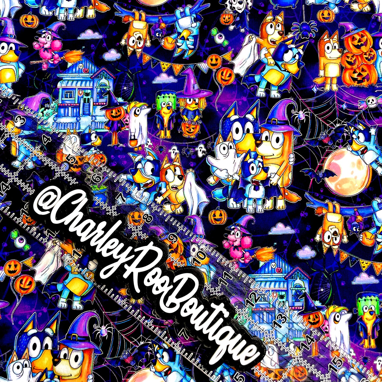 9x14 Tumbler Cut, Custom Fabric, CottonSpandex, High Quality, Mask Cut, Tumbler Fabric, Fall, Halloween, Haunted Bluey