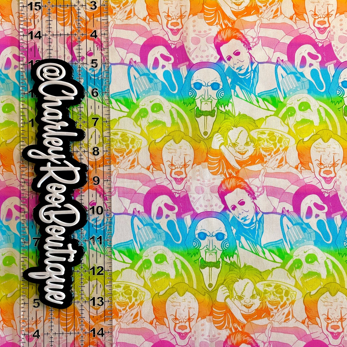 9x14 Tumbler Cut, Custom Fabric, CW Cotton Woven, High Quality, Mask Cut, Tumbler Fabric, Neon Ombre Rainbow Horror Faces