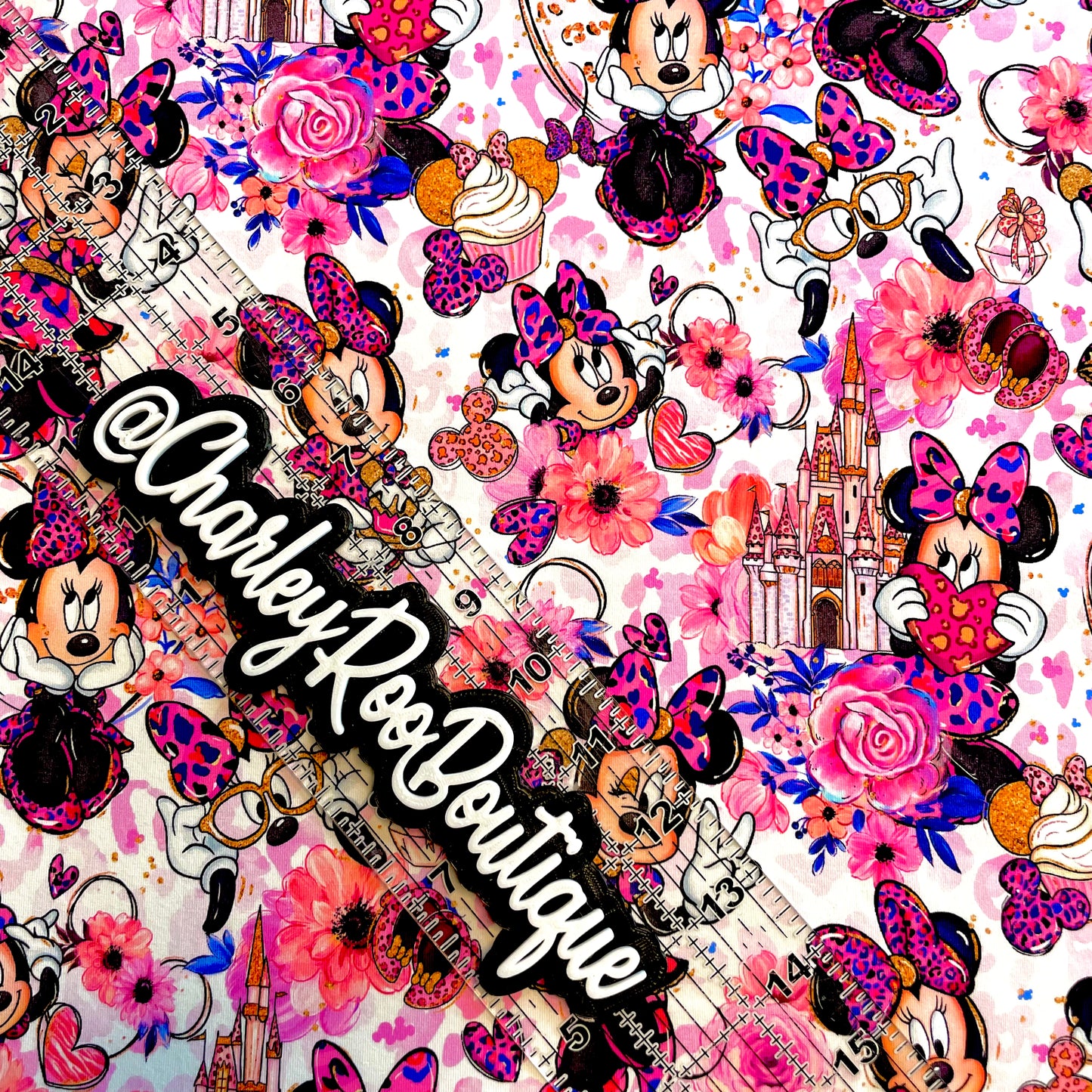 9x14 Tumbler Cut, Custom Fabric, CottonSpandex, High Quality, Mask Cut, Tumbler Fabric, Minnie, Leopard Lady, White