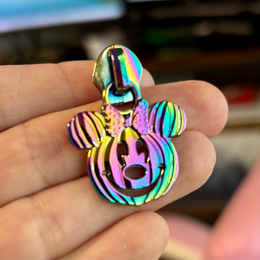 Zipper Pull, Pumpkin Mouse, Minnie, Rainbow