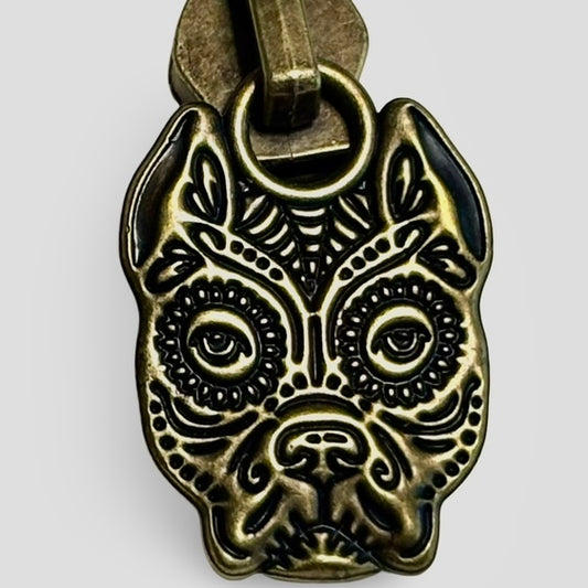 Zipper Pull, Sugar Skull Pitbull, Antique Brass