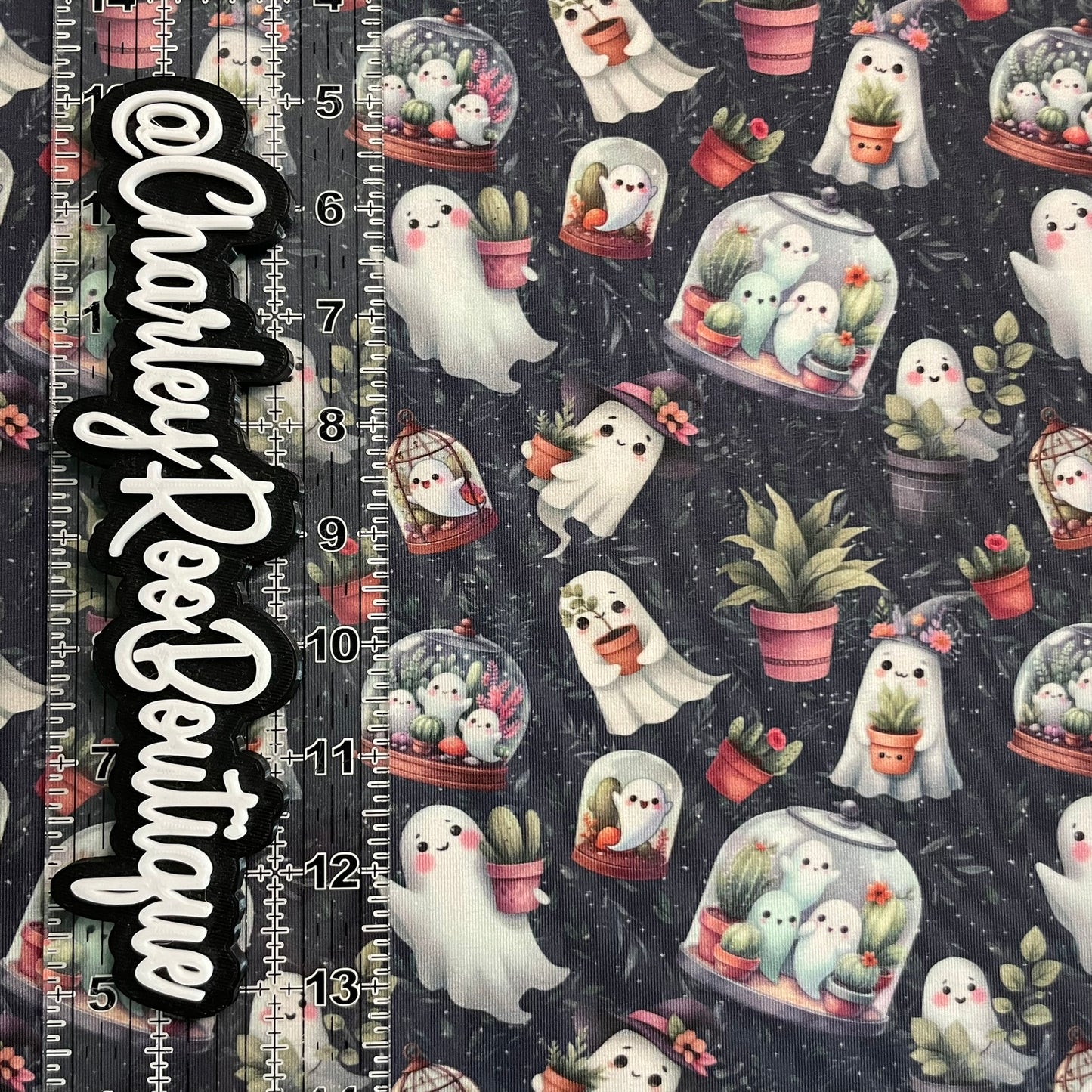 Exclusive, 9x14 Tumbler Cut, Custom Fabric, CottonSpandex, High Quality, Tumbler Cut, Halloween, Ghosts & Plants, Navy