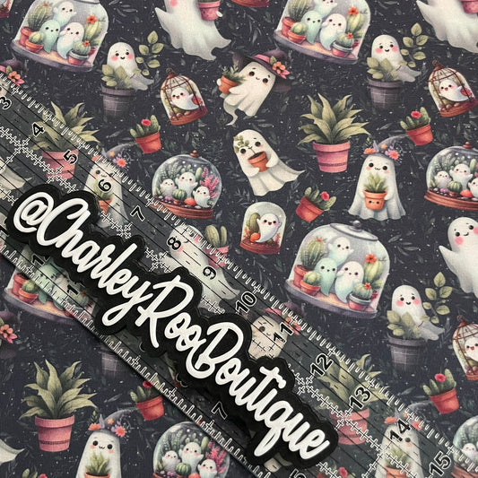 Exclusive, 9x14 Tumbler Cut, Custom Fabric, CottonSpandex, High Quality, Tumbler Cut, Halloween, Ghosts & Plants, Navy