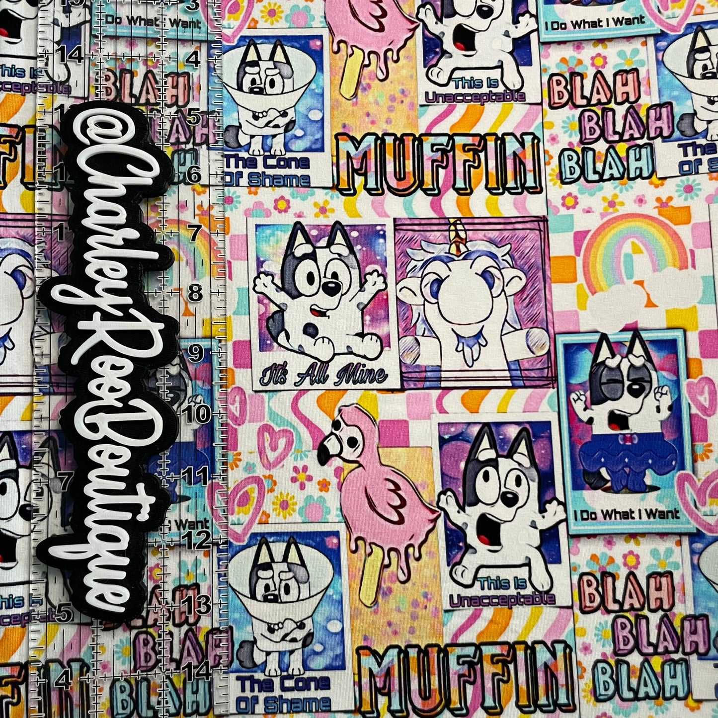 9x14 Tumbler Cut, Custom Fabric, CottonSpandex, High Quality, Tumbler Fabric, Bluey, Muffin Rainbow