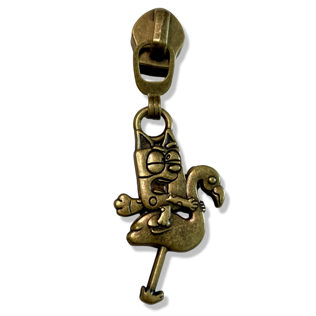 Zipper Pull, Bluey, Muffin on Flamingo, Antique Brass