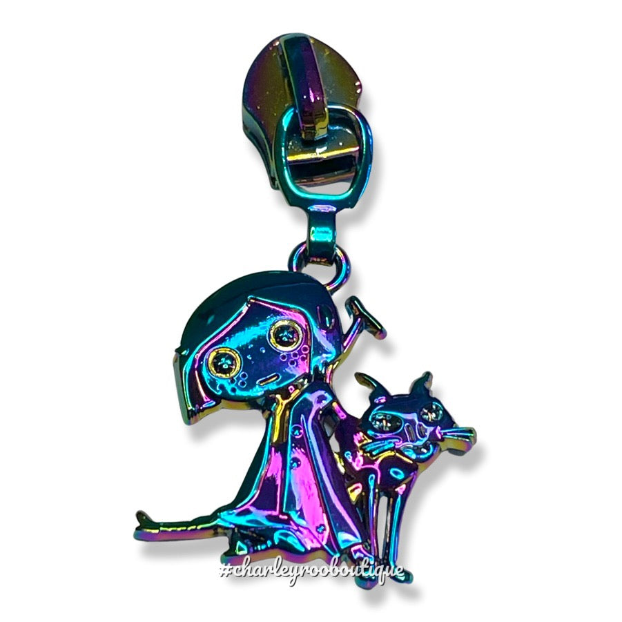 Zipper Pull, Coraline, Button Girl and Cat, Rainbow