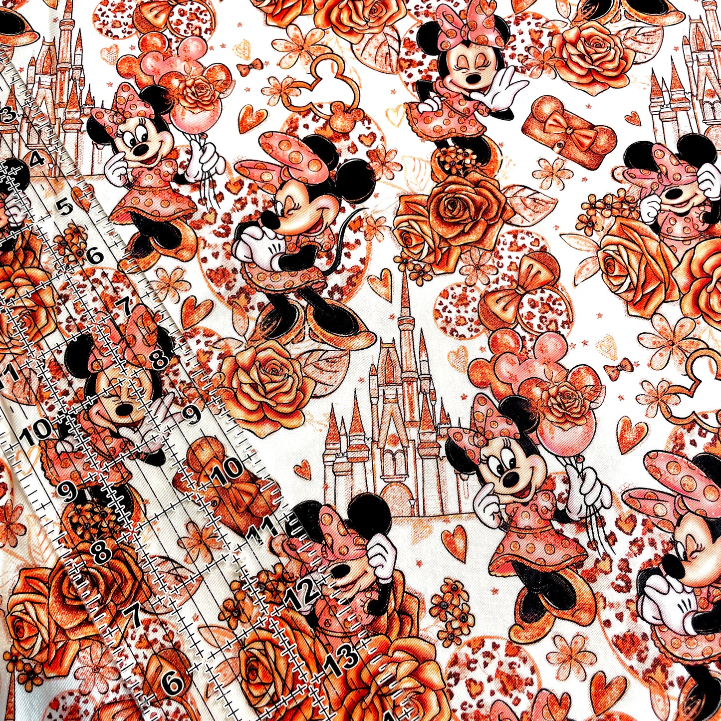 9x14 Tumbler Cut, Custom Fabric, CW Cotton Woven, High Quality, Mask Cut, Tumbler Fabric, Minnie, Rose Gold Castles