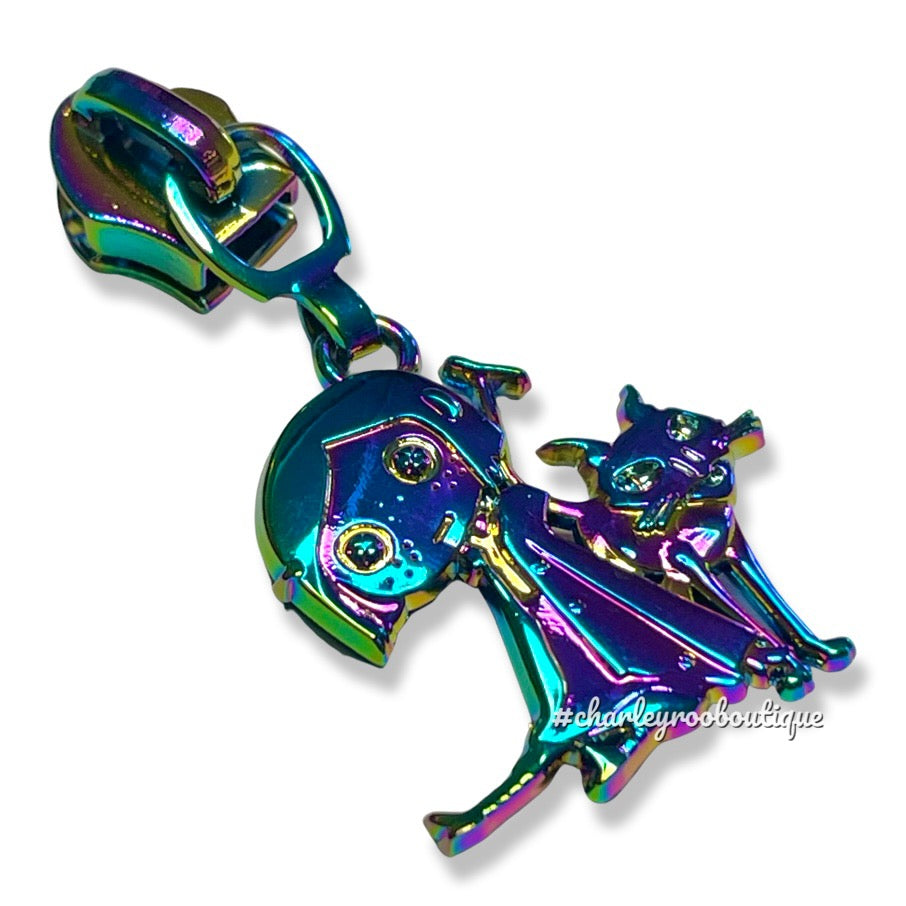 Zipper Pull, Coraline, Button Girl and Cat, Rainbow