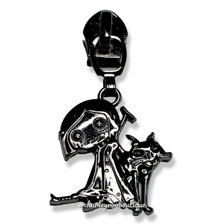 Zipper Pull, Button Girl and Cat, Gunmetal