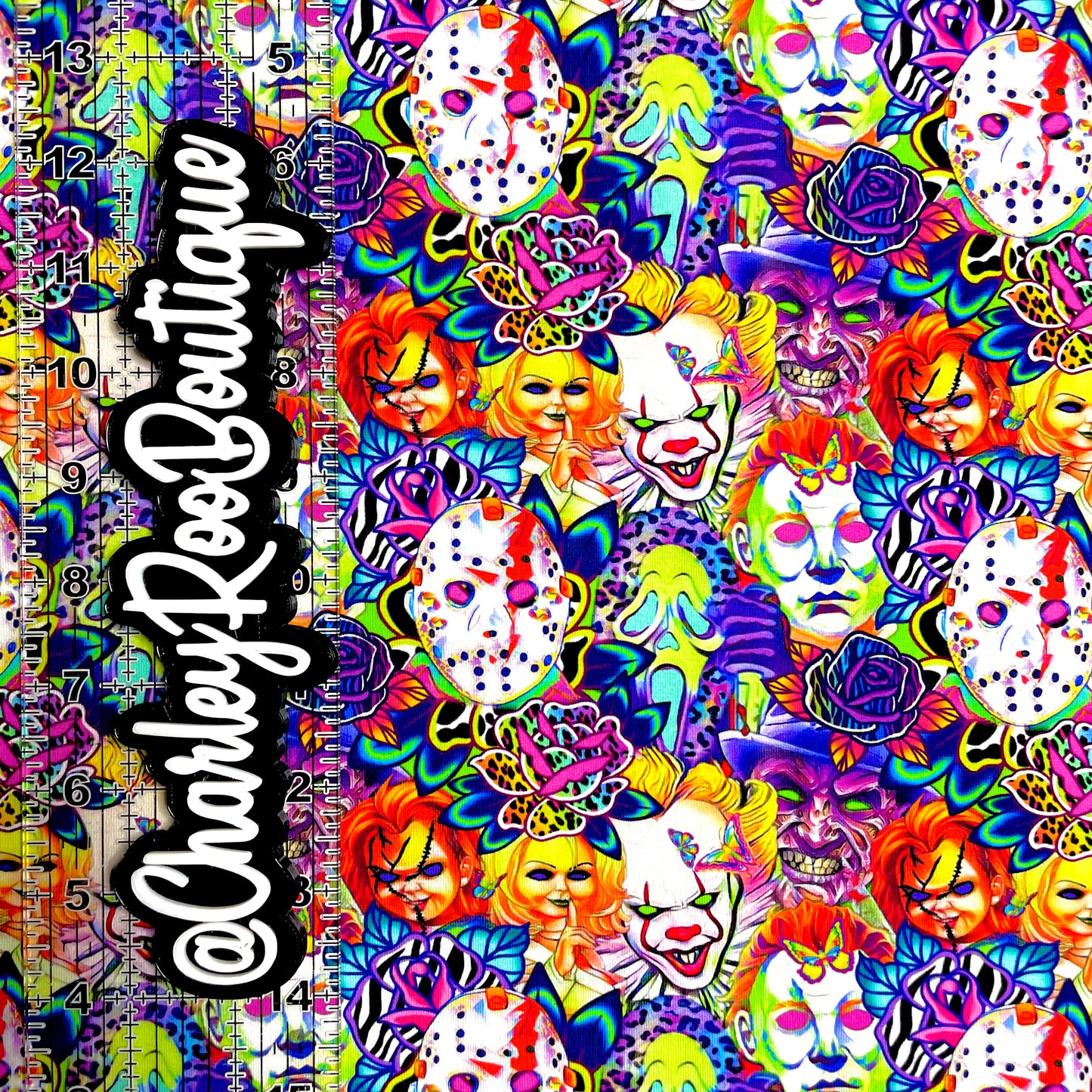 9x14 Tumbler Cut, Custom Fabric, CottonSpandex, High Quality, Mask Cut, Tumbler Fabric, LisaFrank Style Horror, New, Regular Scale