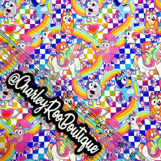 9x14 Tumbler Cut, Custom Fabric, CW Cotton Woven, High Quality, Mask Cut, Tumbler Fabric, Disney, Cute, Blue, Dogs, Puppy, Checker Rainbow Heelers