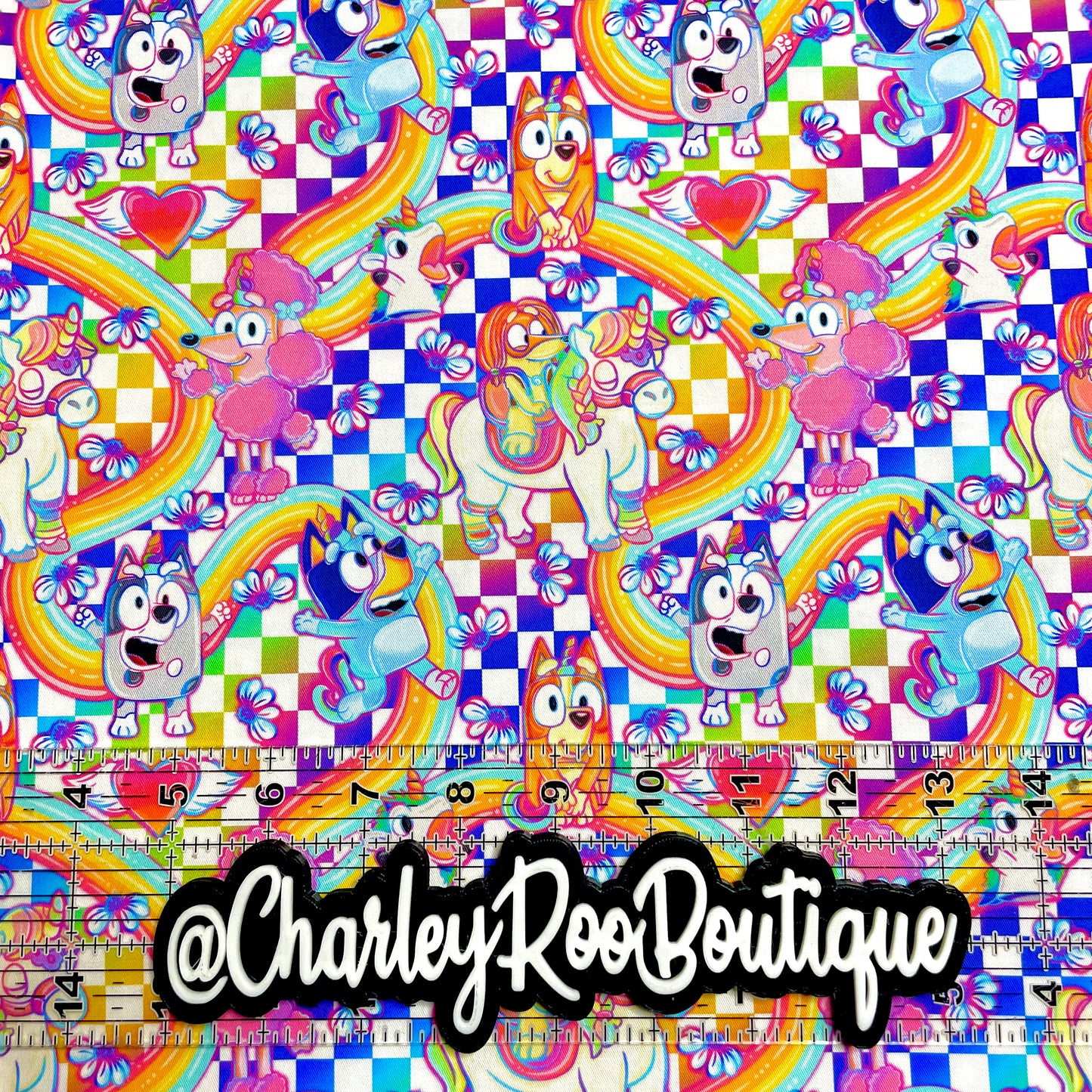 9x14 Tumbler Cut, Custom Fabric, CW Cotton Woven, High Quality, Mask Cut, Tumbler Fabric, Disney, Cute, Blue, Dogs, Puppy, Checker Rainbow Heelers