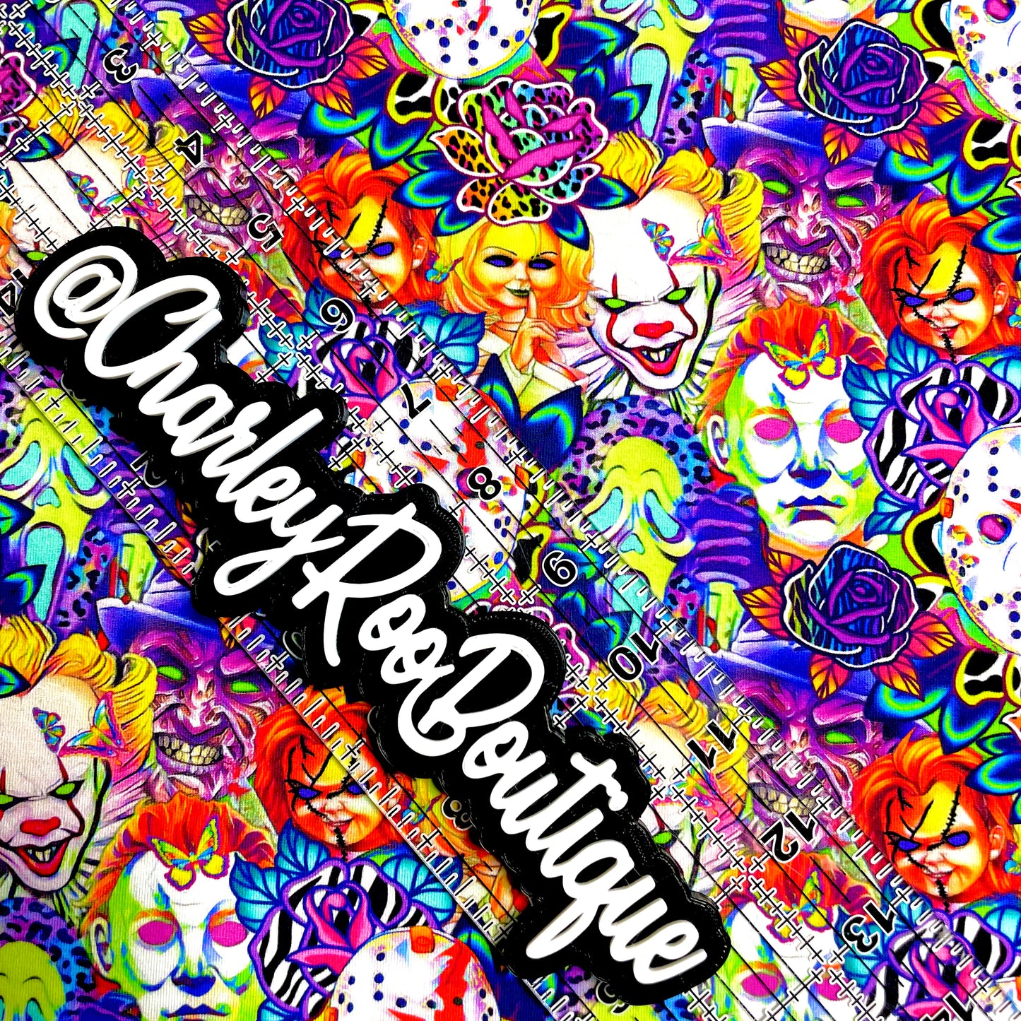 9x14 Tumbler Cut, Custom Fabric, CottonSpandex, High Quality, Mask Cut, Tumbler Fabric, LisaFrank Style Horror, New, Regular Scale