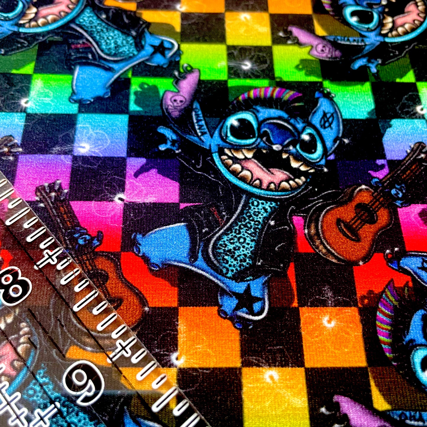 9x14 Tumbler Cut, Custom Fabric, CottonSpandex, High Quality, Mask Cut, Tumbler Fabric, Rainbow Checkers, Music, Rockin Stitch