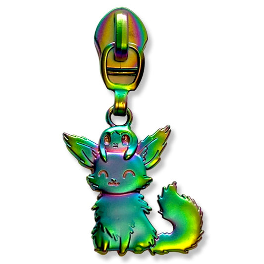 Zipper Pull, Crystal Fox Friend, Gamer, Rainbow Matte