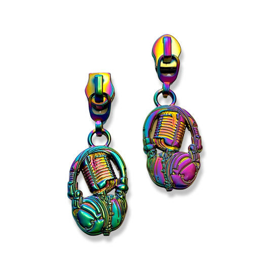 Zipper Pull, Music, Microphone, Headphones, Rainbow Matte