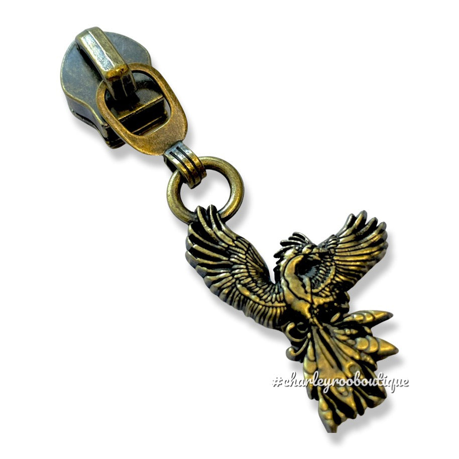 Zipper Pull, Phoenix, Antique Brass