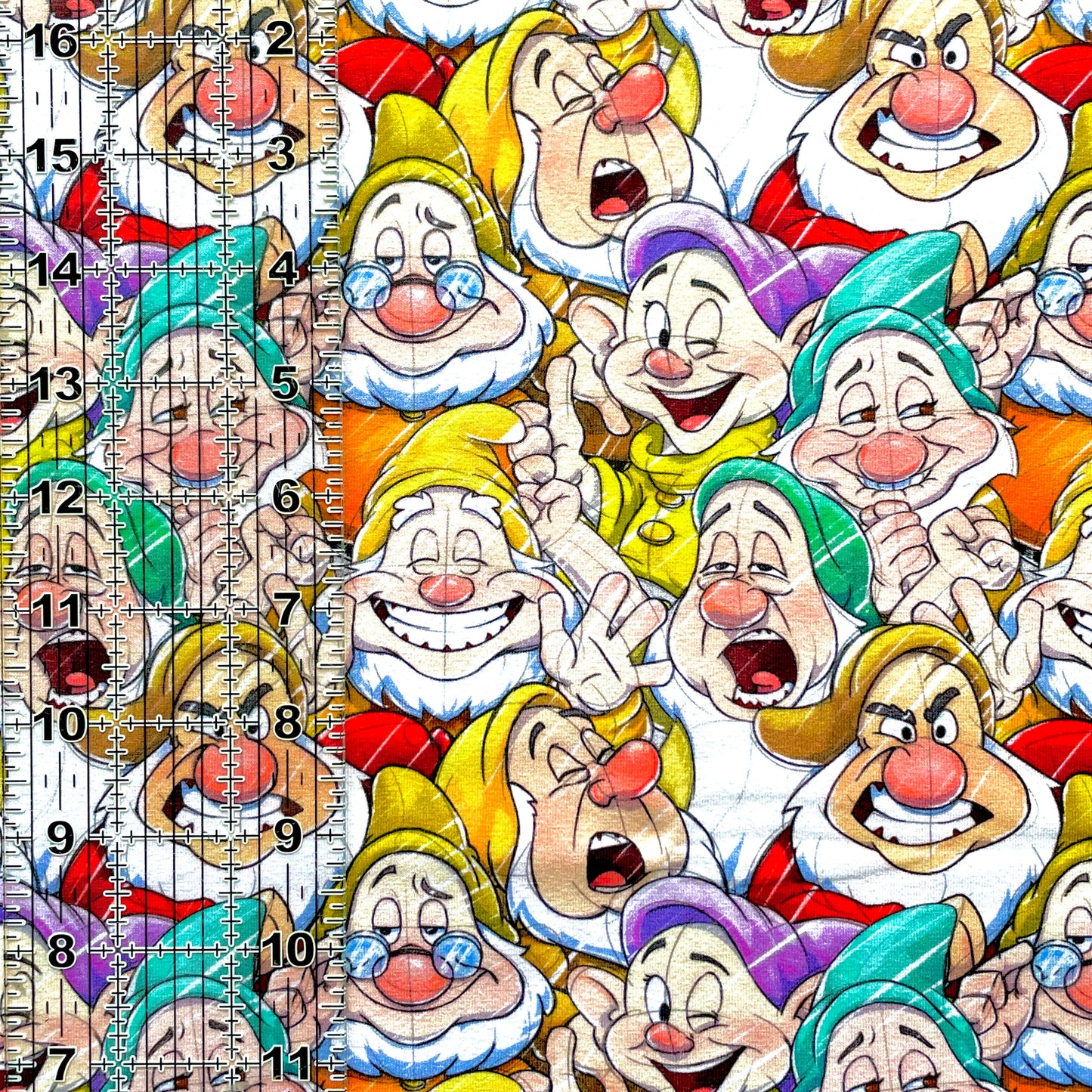 9x14 Tumbler Cut, Custom Fabric, CottonSpandex, High Quality, Mask Cut, Tumbler Fabric, Disney, Snow, Dwarves, White, Silly Dwarf Faces