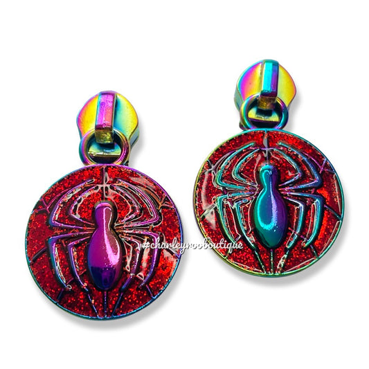 Zipper Pull, Spider Web, Red Glitter, Rainbow