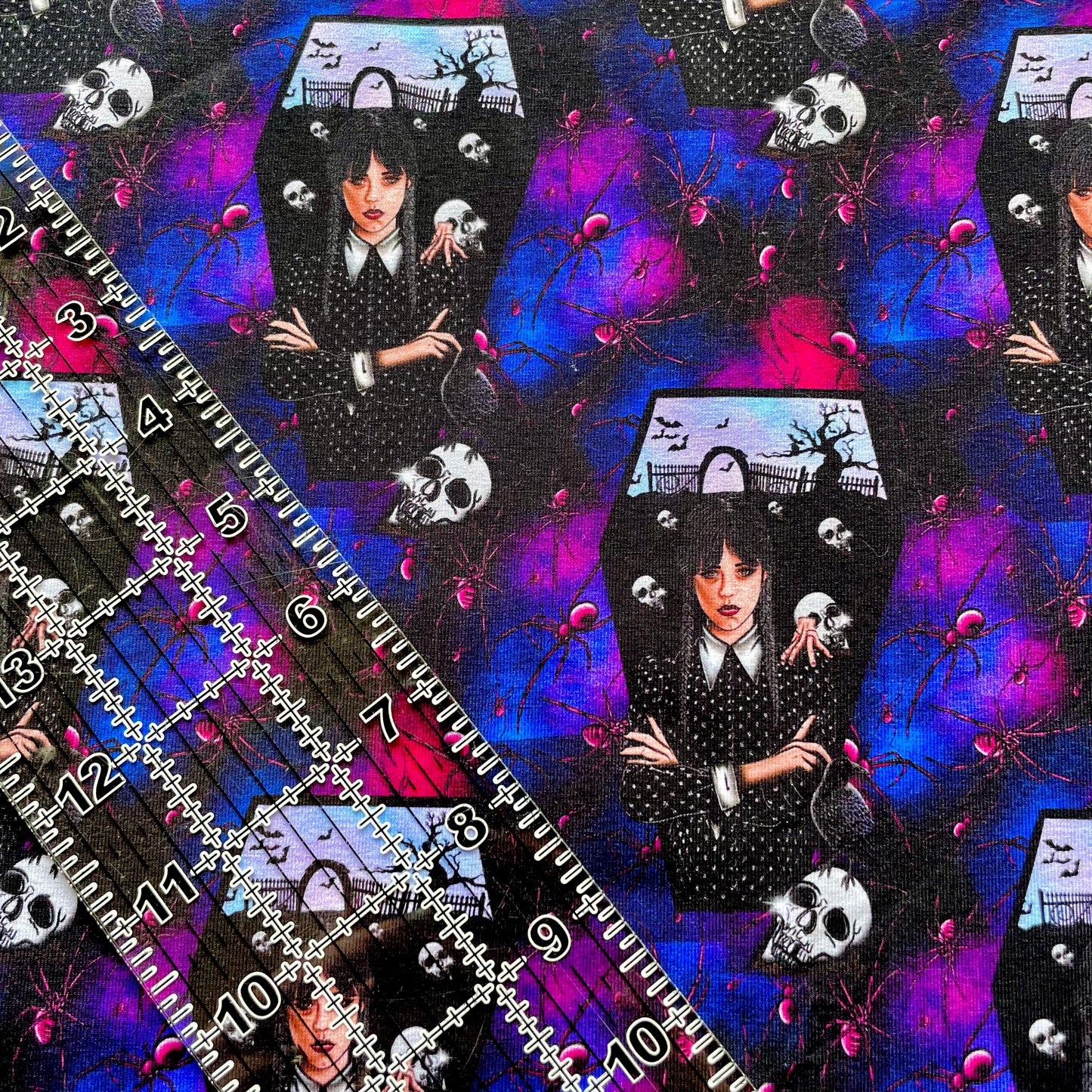 9x14 Tumbler Cut, Custom Fabric, CottonSpandex, High Quality, Mask Cut, Tumbler Fabric, Nevermore, Wednesday, Spiders, Blue/Purple/Pink