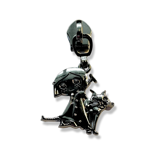 Zipper Pull, Button Girl and Cat, Gunmetal